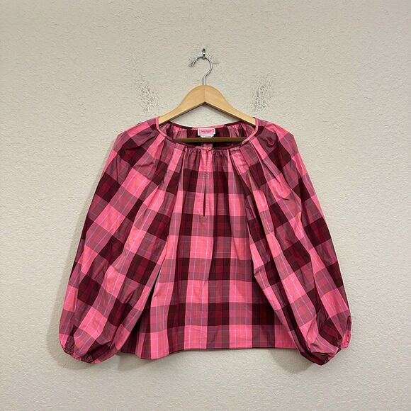NWOT KATE SPADE Greenhouse Plaid Puff-Sleeve Top in Pink Multicolor Sz M W9313 - Picture 1 of 11